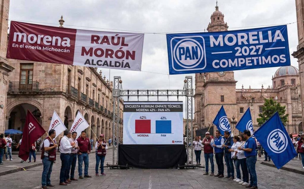 Morena y PAN mantienen un empate técnico rumbo a la alcaldía de Morelia, según encuesta de Rubrum, en una contienda que anticipa una elección cerrada en 2027.